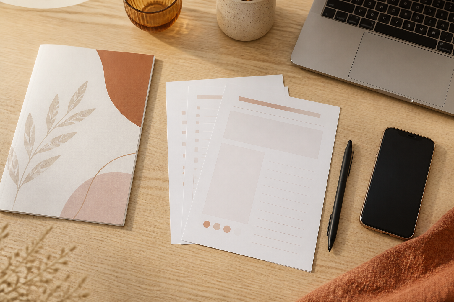 Mesa com caderno, roteiro e computador usados na revisão de um produto digital